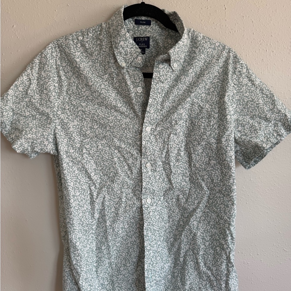 J. Crew Short-Sleeve Button-Down Shirt in Sage Green Floral Print